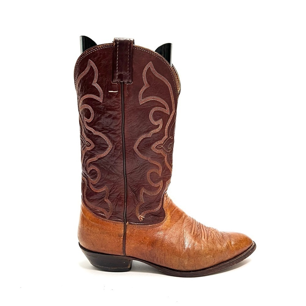 Vintage 1970s men’s brown and oxblood leather mid calf cowboy boots